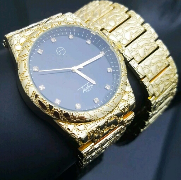14K GOLD PLATED ICED OUT WATCH BRACELET SET - Picture 3 of 4